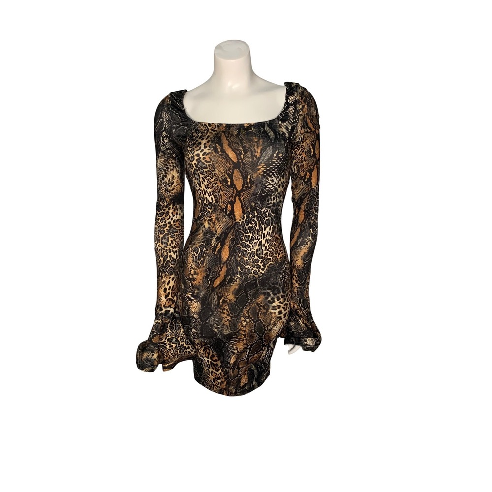 J.OUR Leopard Print Square Neck Long Sleeve Mini Dress